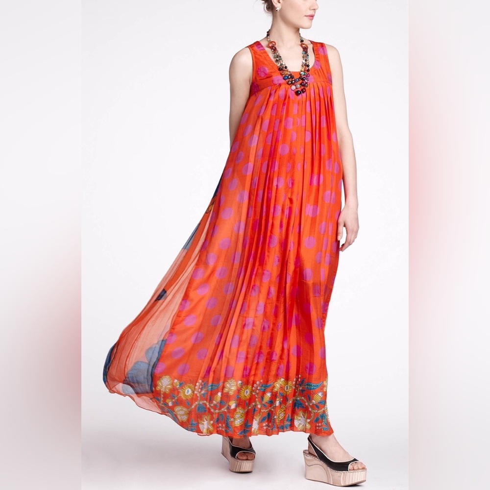 ANTHROPOLOGIE ANUPAMAA SIlk Polka Dot Floral Butterfly Maxi Dress SZ S